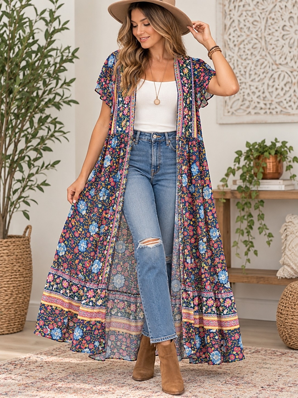 A39. R.Vivimos Boho Floral Maxi Duster Kimono Open Front Short Sleeve Size Large